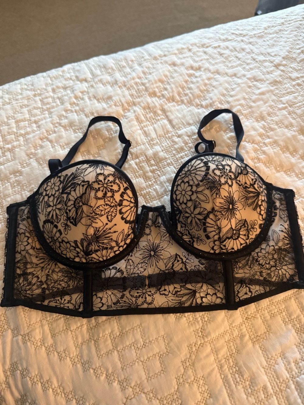 Victoria's Secret Black Floral Lace Longline Bra